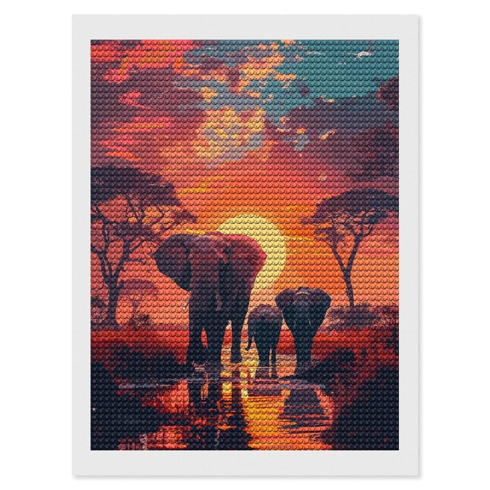 Junmoney Elephants Savanna Nature Diamond Painting Canvas Set 12"x16", Full Kit Included, Calming Craft to Unwind, Farmhouse Decor, Christmas Gift
