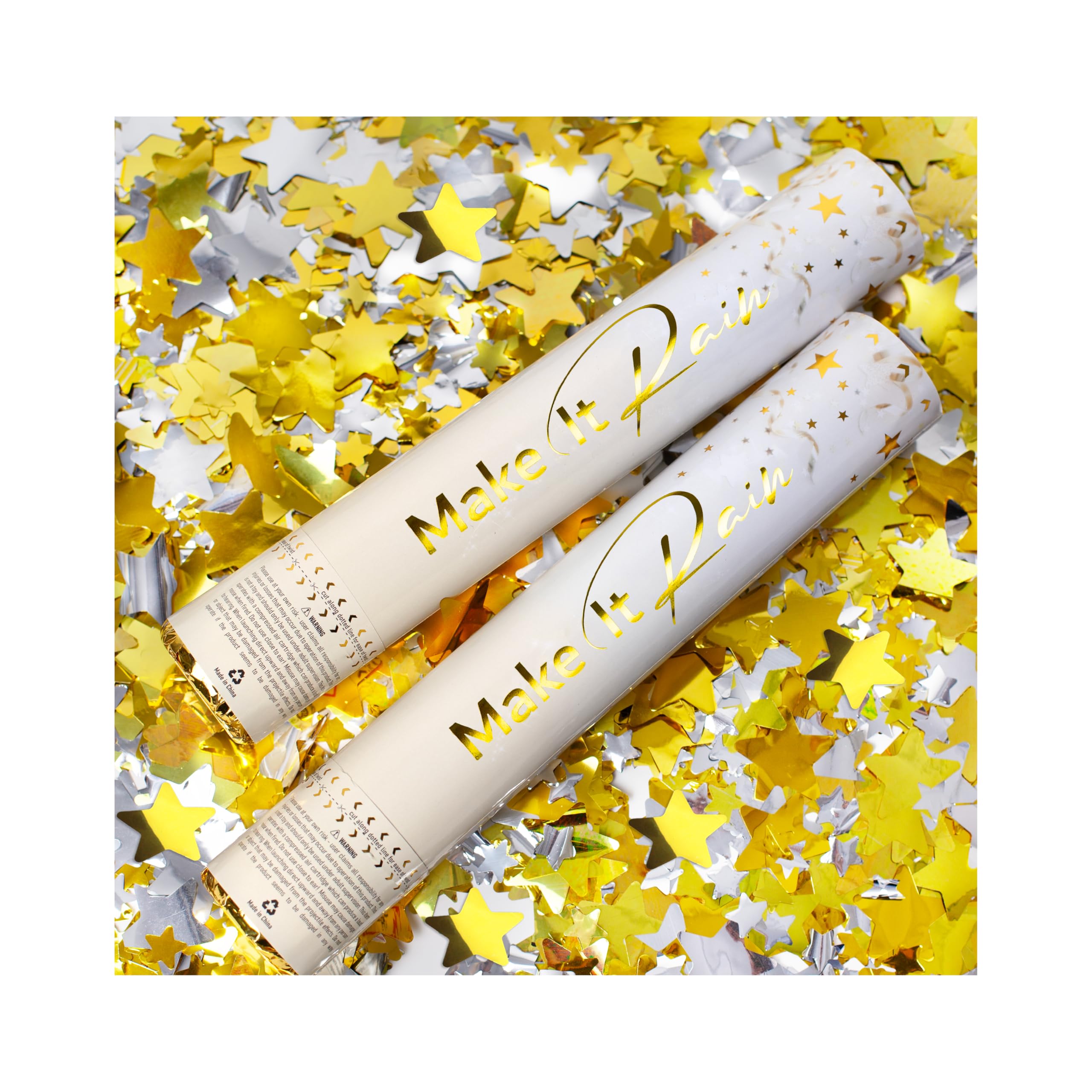 PrimePure Confetti Cannon Party Poppers - Gold Stars Confetti Poppers - Set of 2 - Glitter Stars Pop Gun Party Cannons Supplies for Graduations, Wedding, Birthdays, Celebrations, Festivals, Prank
