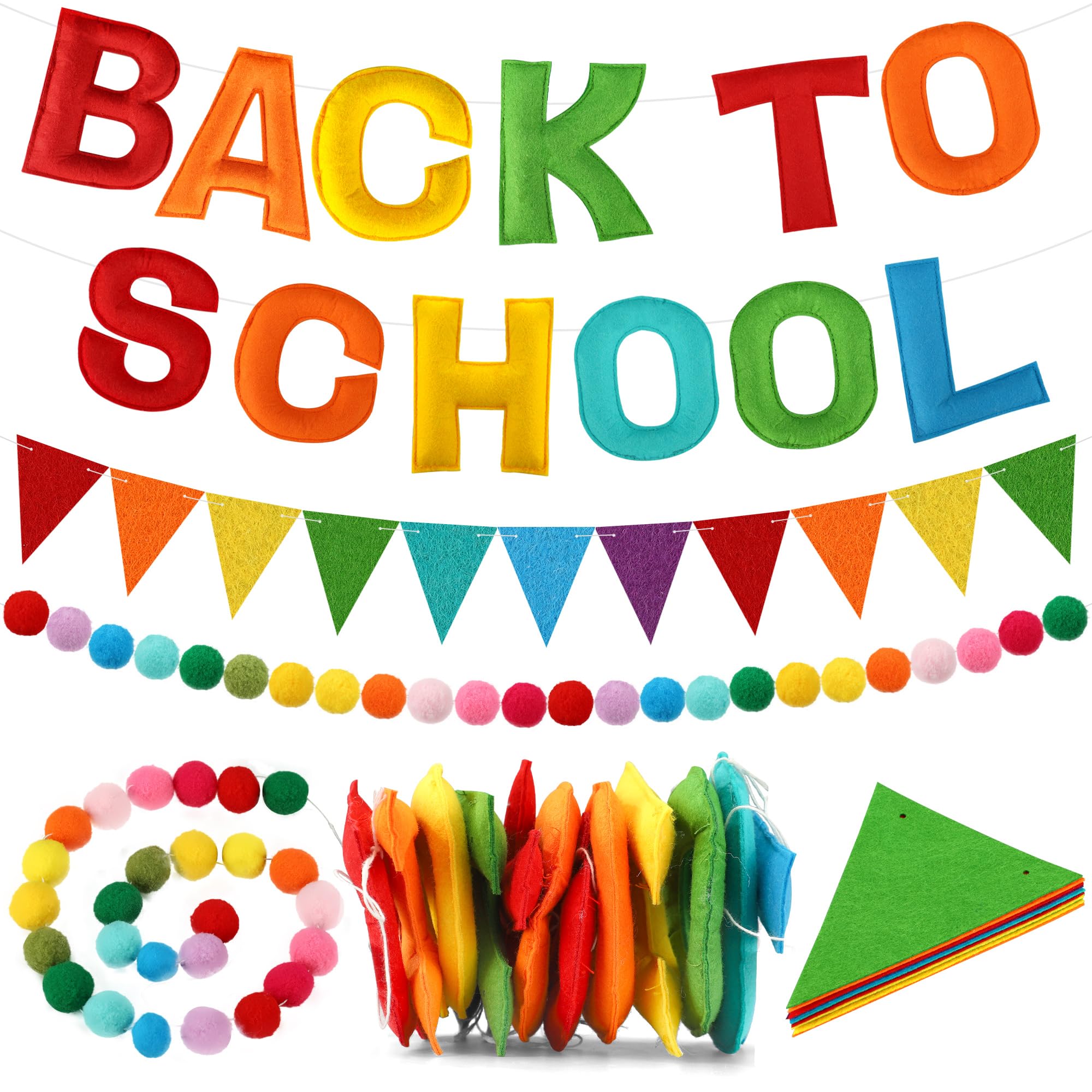 Back to School Banners First Day of School Felt Banner Rainbow Pompom Ball Garland 3D Classroom Hanging Decorations Pre-strung Colorful Pennant Flag