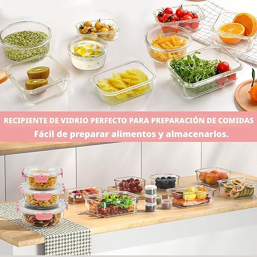 Miniatura 6 de 34 recipientes de vidrio para almacenamiento de alimentos con tapas, recipientes herméticos de vidrio para preparación de comidas (17 recipientes y