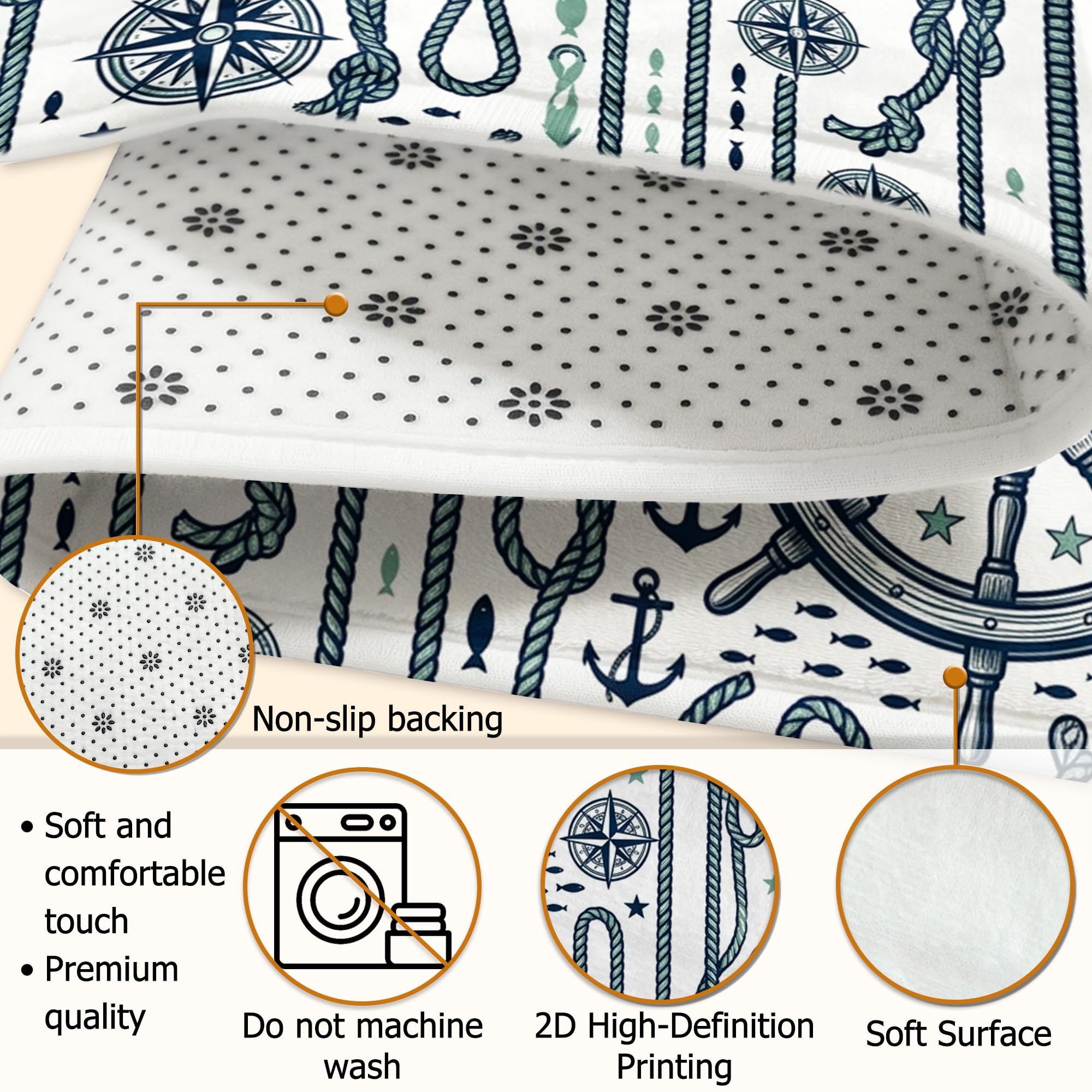 Tappeto con bussola, motivo nautico con ancore costiere, corda estiva, blu navy, antiscivolo, morbido, rettangolare, antimacchia, per soggiorno, camera da letto, corridoio, scrivania, ufficio, 15 x 18