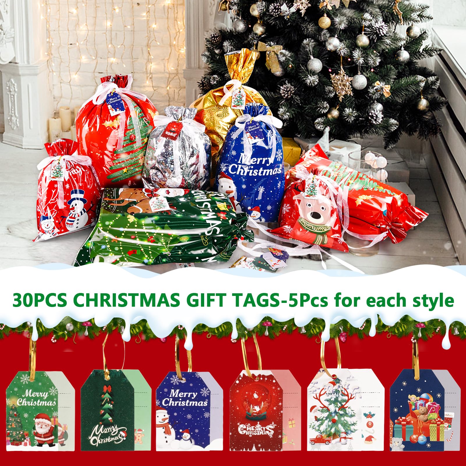 20 Sacchetti Regalo Di Natale Con Etichette – 4 Dimensioni, Motivi Vari, Alluminio - 2