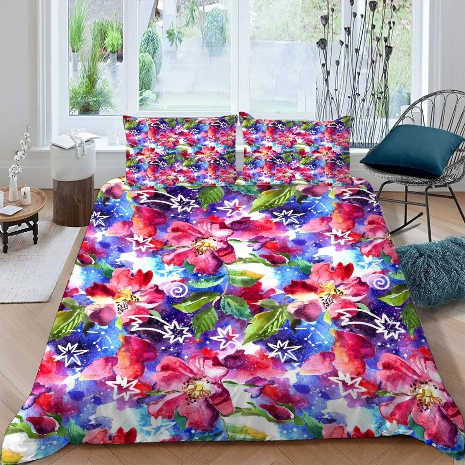 Housse de couette 220x240cm microfibre ultra douce parure de lit imprimé floral 3D