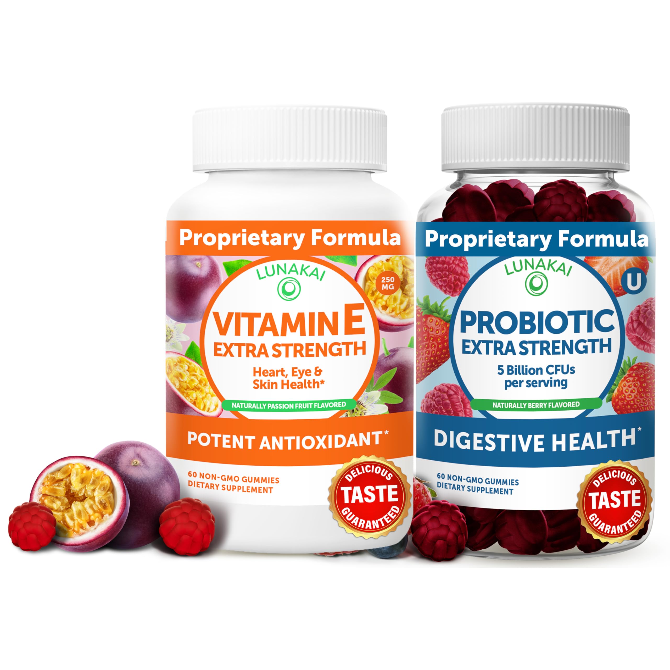 Lunakai Vitamin E and Probiotic Gummies Bundle - 3000 mcg Gummies for Adults Energy Support - with 5 Billion CFUs Per Serving for Digestive Health - Non-GMO, All Natural