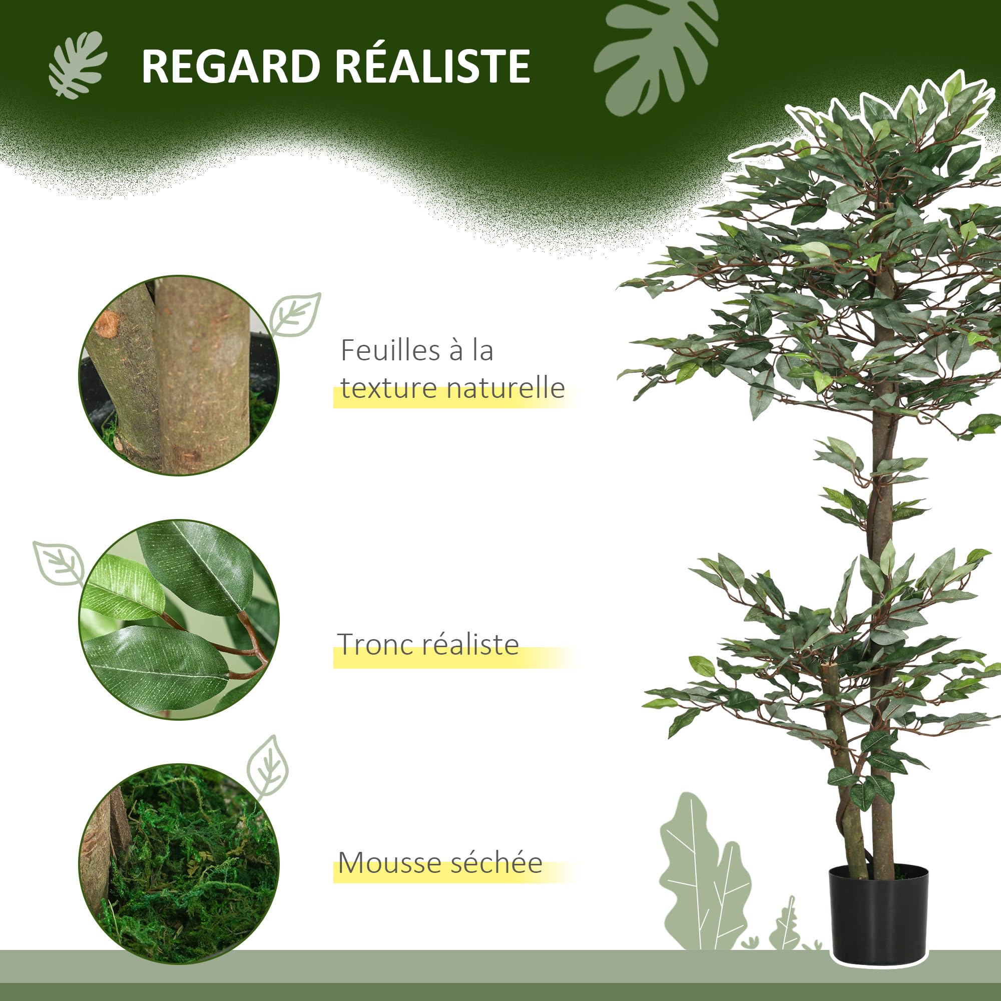 Outsunny Arbre Artificiel Ficus Hauteur 1,5 m Grand Réalisme Pot Inclus | Plante Artificiel, Tronc, Branches, Liane, Lichen, Feuilles