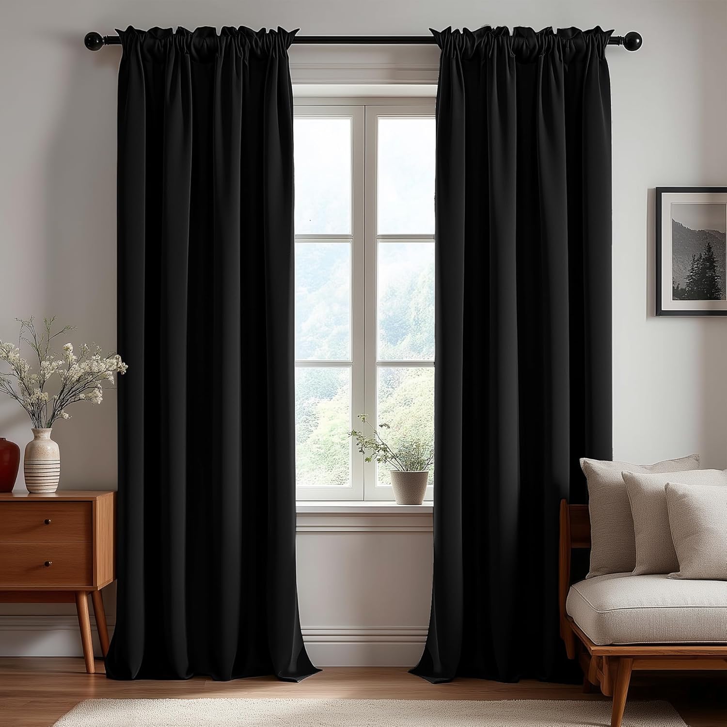 Deconovo Blackout Curtains, Thermal Insulated Rod Pocket Window Drapes, Noise Reducing, Oeko-TEX Certified, Room Darkening Curtains for Bedroom/Living Room, 2 Panels, Black, 52W x 108L