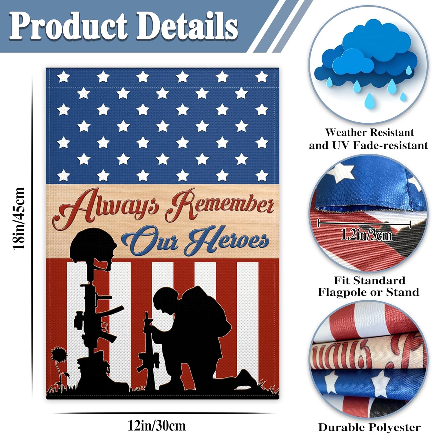 Memorial Day Garden Flag 12x18 Inch Double Sided Always Remember Our Heroes 4th of July Independence Day Patriotic Garden Flags for Outside Yard Sign Outdoor Garden Holiday Decoration - Image 4