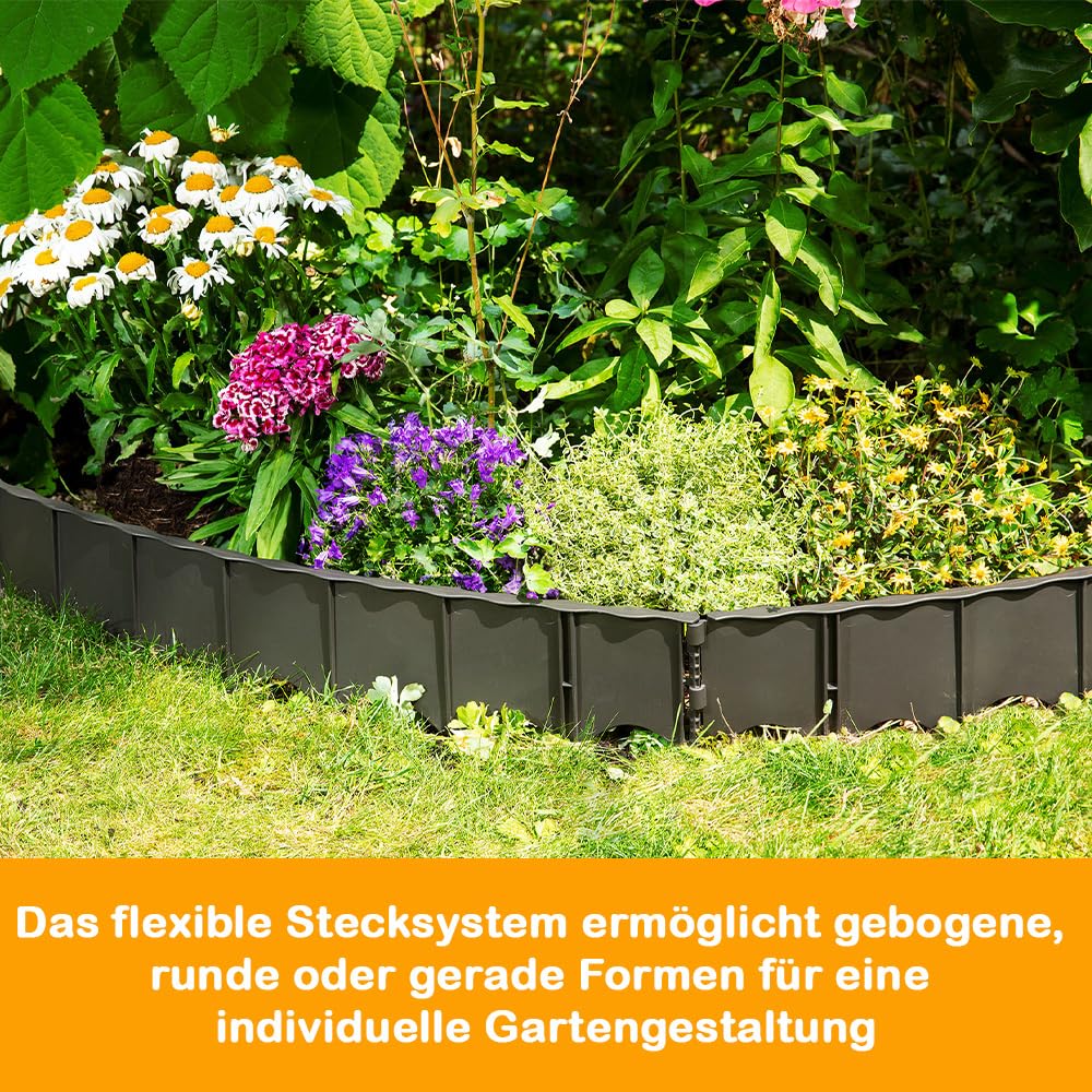 Edgar Rasenkante Set 12 Stück, Flexible Beetumrandung 4,5m, Stecksystem für Gartenwege & Beete, Beetbegrenzung Kunststoff, Blumenbeet Umrandung