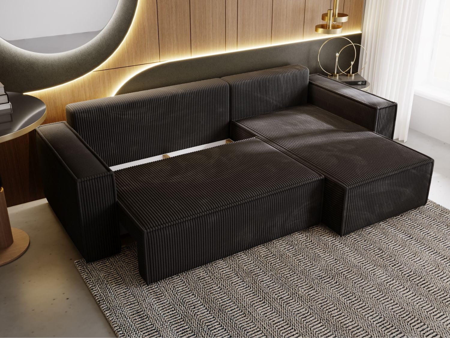 GRAINGOLD Prato XL Ecksofa mit Schlaffunktion & Bettkasten 280x170 cm, L-Form Sofa mit Stauraum, Schlafcouch für Wohnzimmer, Cord Stoff, 4-Sitzer Eckcouch, Modernes Design (Schwarz)