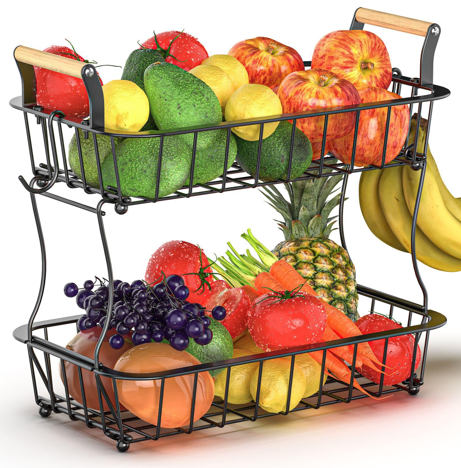 Crixny 2 Tier Banana Hanger Stand with 2 Hangers, Large Fruit and Vegetable Storage Basket