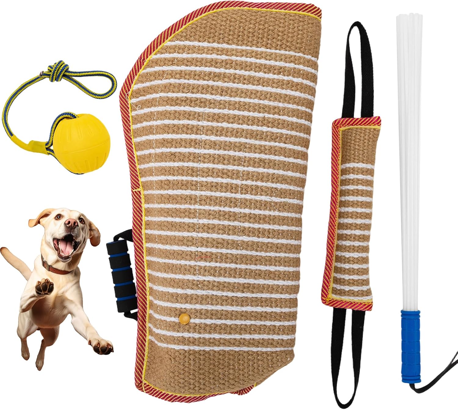 4 Pcs Dog Bite Training Set with Dog Sleeve Pillow Whip Agitation Stick and Rubber Ball, Professional Dogs Agility Training Equipment Protection for Biting - Interactive K9 Pitbull German Shepherd