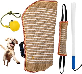 4 Pcs Dog Bite Training Set with Dog Sleeve Pillow Whip Agitation Stick and Rubber Ball, Professional Dogs Agility Training Equipment Protection for Biting - Interactive K9 Pitbull German Shepherd