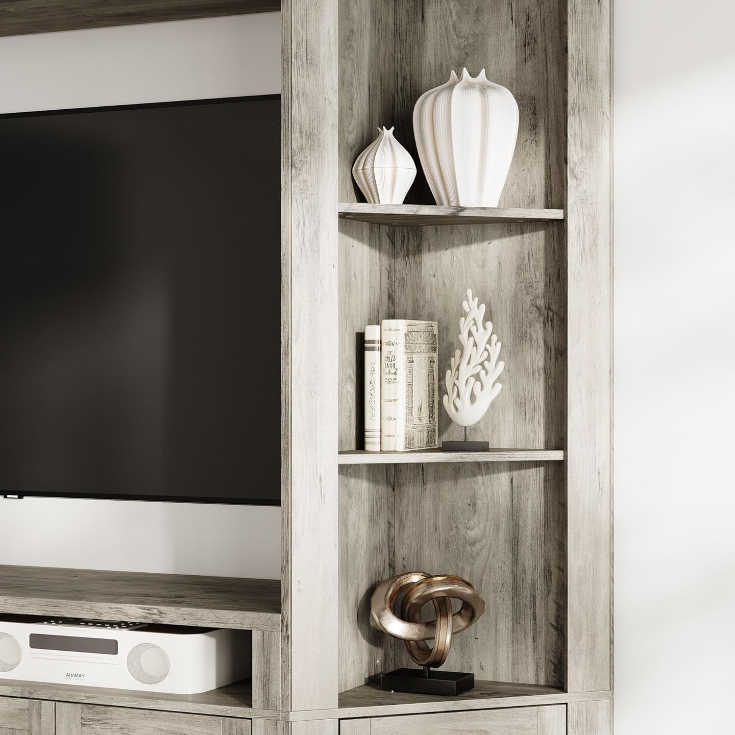 ECACAD 4-Piece Large Wall Unit TV Stand with Bookshelves for TVs up to 70", Farmhouse Entertainment Center with 16 Storage Shelves, Rustic Media Console Table for Living Room, Bedroom, Gray