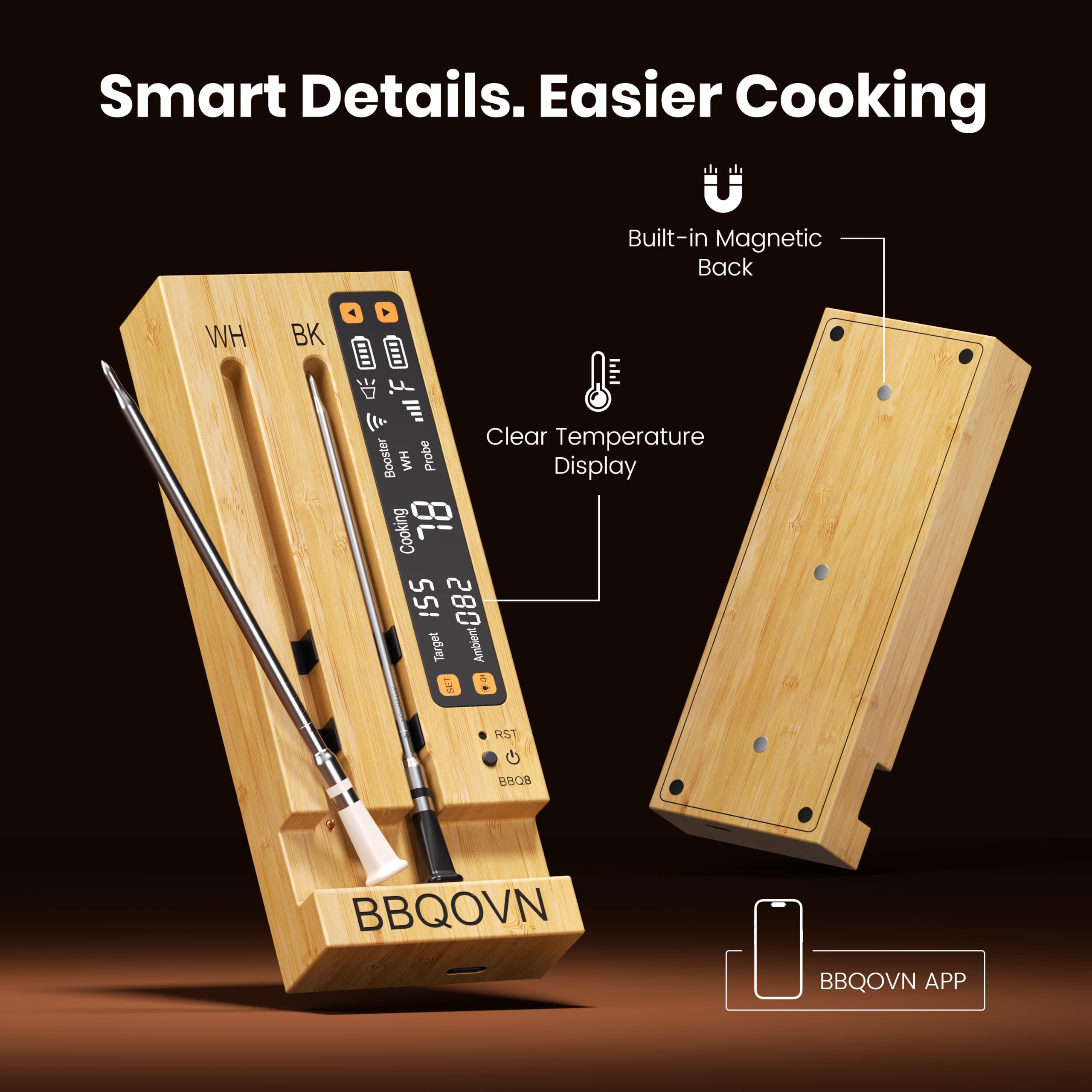 BBQOVN Termómetro inalámbrico WiFi Sub-1G para carne, rango ilimitado, 7 sensores certificados NIST con temperatura ambiente, 2 formas de monitoreo de temperatura, base inteligente digital y