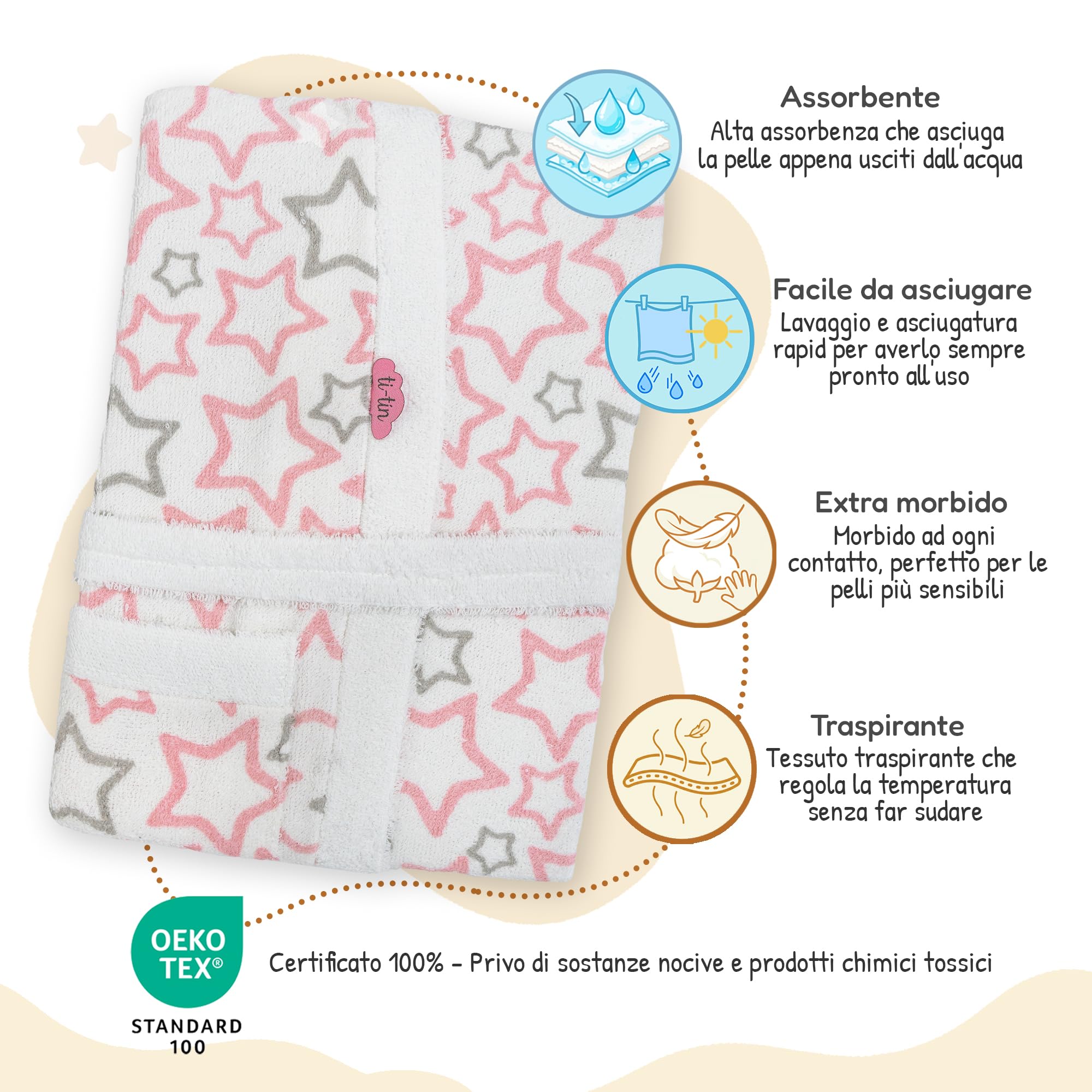 Ti TIN Accappatoio Bambino Bambina in Spugna di Cotone Assorbente e Morbido con Cappuccio Cintura e Tasca