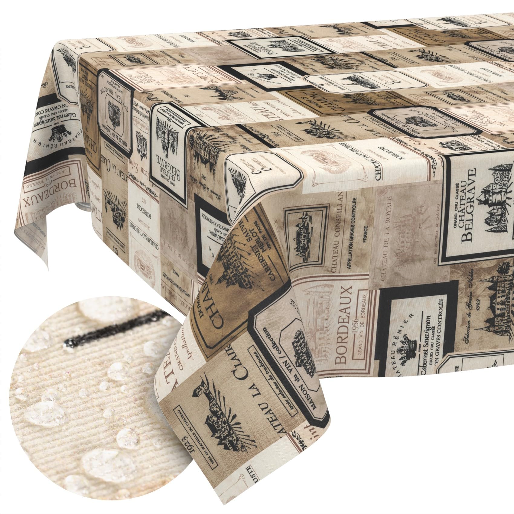 Mantel de tela lavable, fácil de limpiar, efecto loto, resistente a la suciedad y al agua, para interior y exterior, mantel de 300 x 140 cm, borde cortado de vino