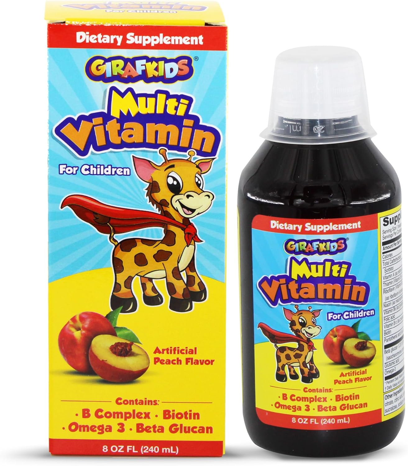GirafKids Multivitamin Syrup for Children, 8oz | Daily Multivitamin for Kids Ages +4 with Omega-3, Beta Glucan & Folic Acid for Energy and Growth | Delicious Peach Flavor | Liquid Dietary Supplement GirafKids Multivitamin Syrup for Children, 8oz | Daily Multivitamin for Kids Ages +4 with Omega-3, Beta Glucan & Folic Acid for Energy and Growth | Delicious Peach Flavor | Liquid Dietary Supplement