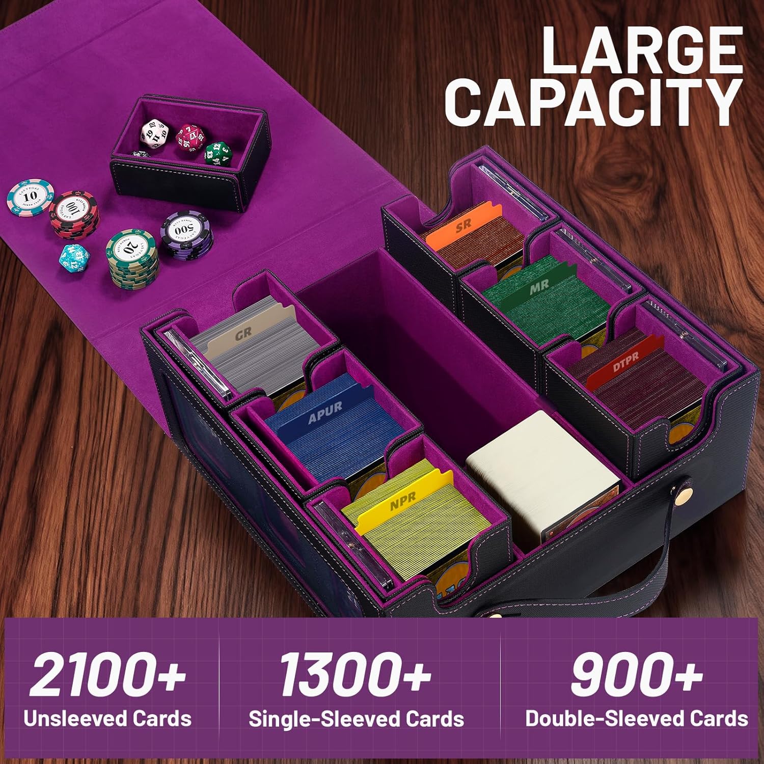 Commander Deck Box with Handle, Trading Card Storage Box for MTG&TCG.7 in 1 MTG Deck Box with 6 Toploaders, 6 Stoppers, 10 Colorful Dividers. (Black& Purple, 7 IN 1)