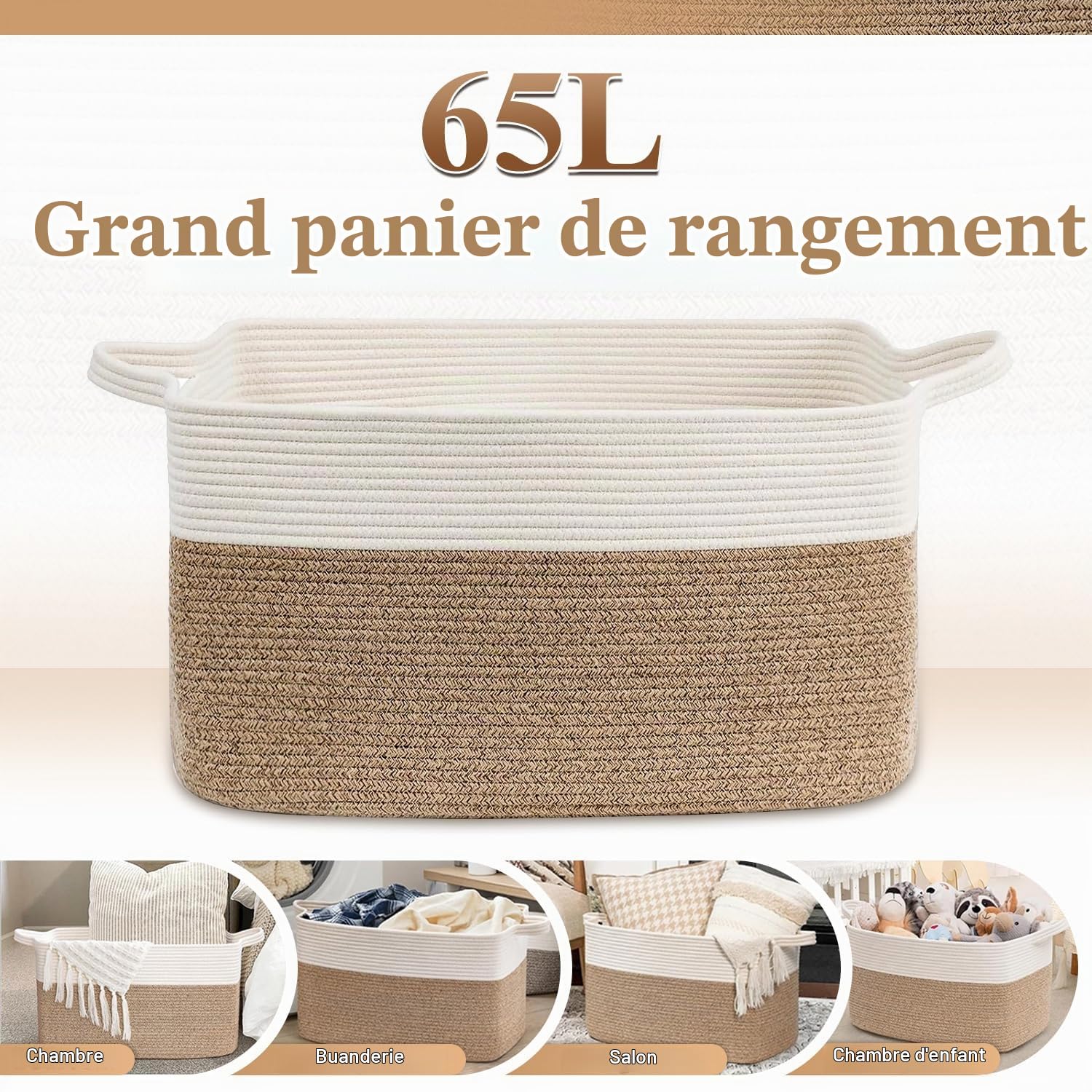 Paniers de rangement pliables extra larges de 65 l avec poignées – Boîte de rangement en tissu robuste, couvertures, vêtements saisonniers, 54,9 x 37,8 x 30 cm (lin blanc)