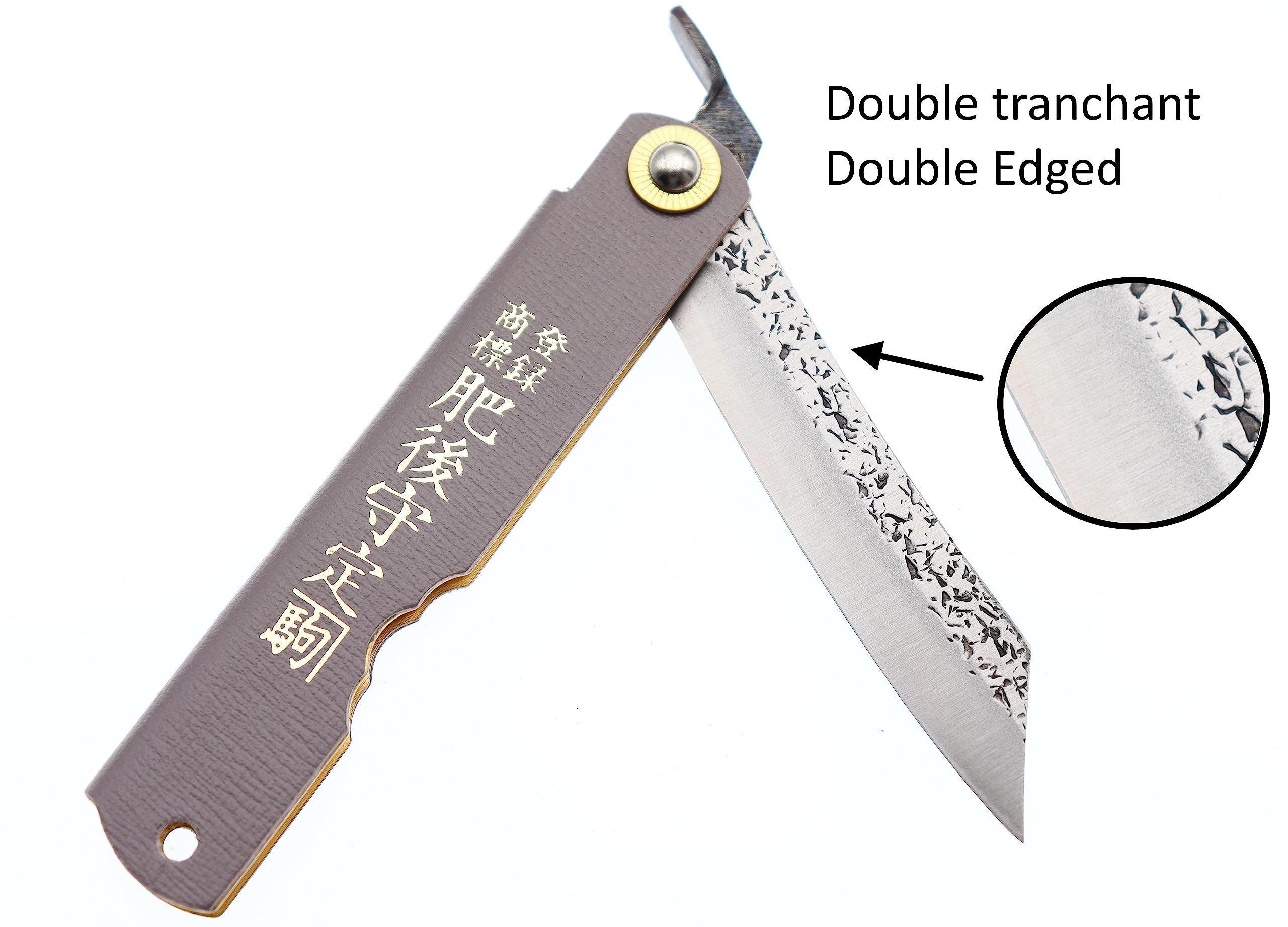 COCKTAIL7 Higonokami Navaja Japonesa de Bolsillo Plegable Cuchillo Aogami Edición Limitada Mango Cuero Gris Hecho a Mano en Japón por Nagao Kanekoma