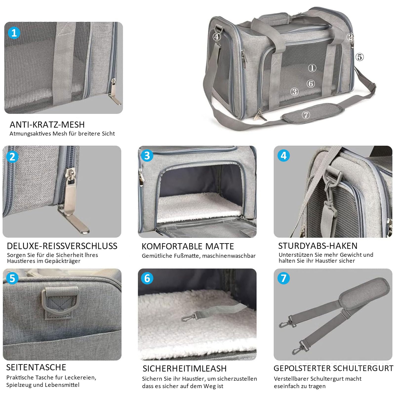 Transporttasche für Katze Hund, Hundetransportbox, Faltbare Katzentransportbox, tragbar, 5kg Katzen Hunde Tragebox, für mittelgroße Hunde, Katze (M, Grau) L 43 x B 28 x H 28 cm