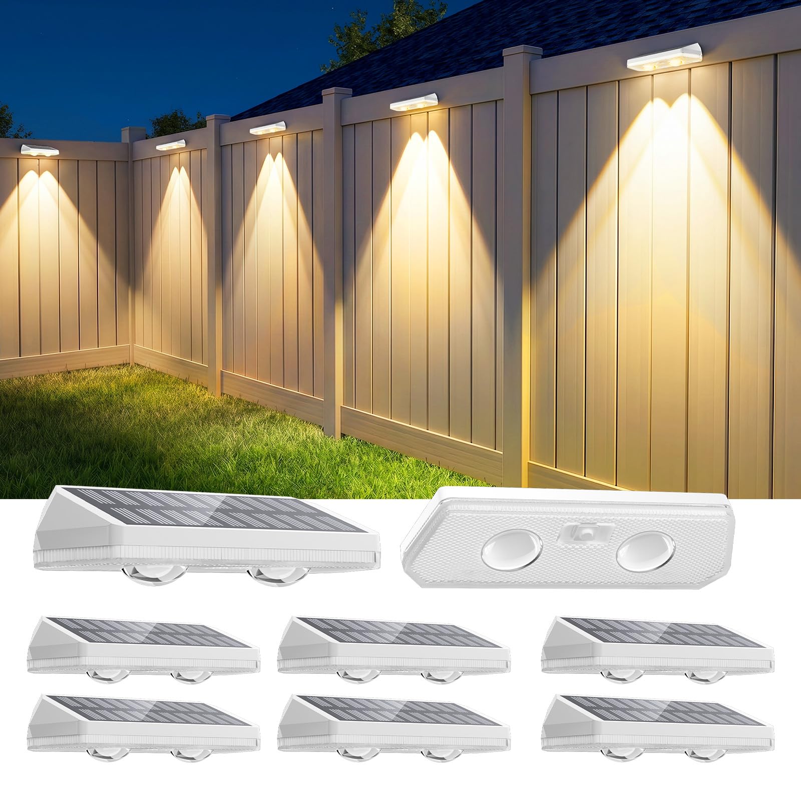 8 Pack Solar Fence Lights Outdoor ,3CCT &amp; RGB 13 Color Mode Fence Lights Solar Powered with Ultra-Bright Lens IP65 Waterproof,Solar Wall Light for Backyard/Step/Patio/Deck/Stair/Railings(White)
