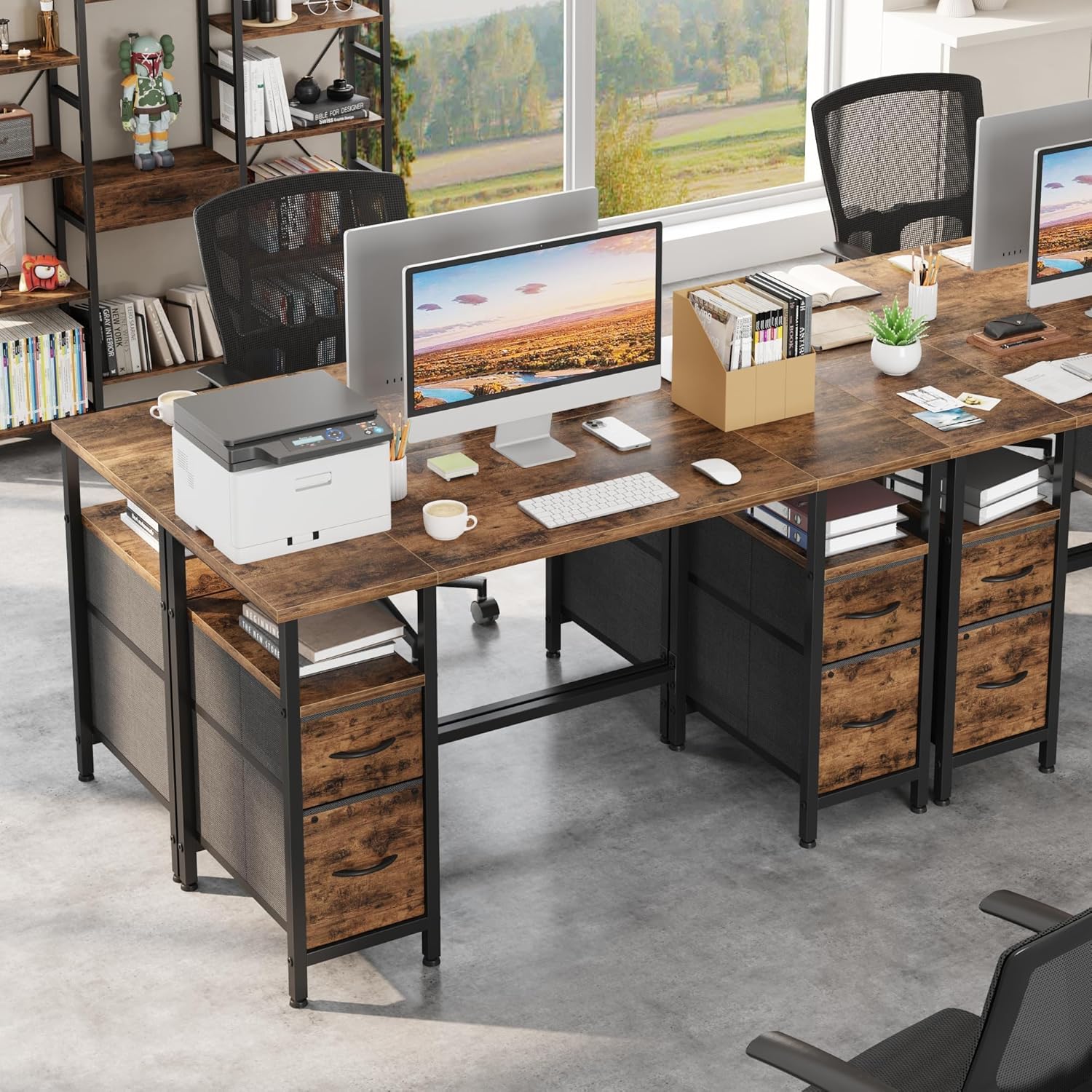 YAOHUOO Office Desk with 4 Fabric Drawers, 55"/140 Desk with File Drawers, Computer Desk with Light-Duty Storage, Industrial Work Desk for Home Office, Rustic Brown - Image 6