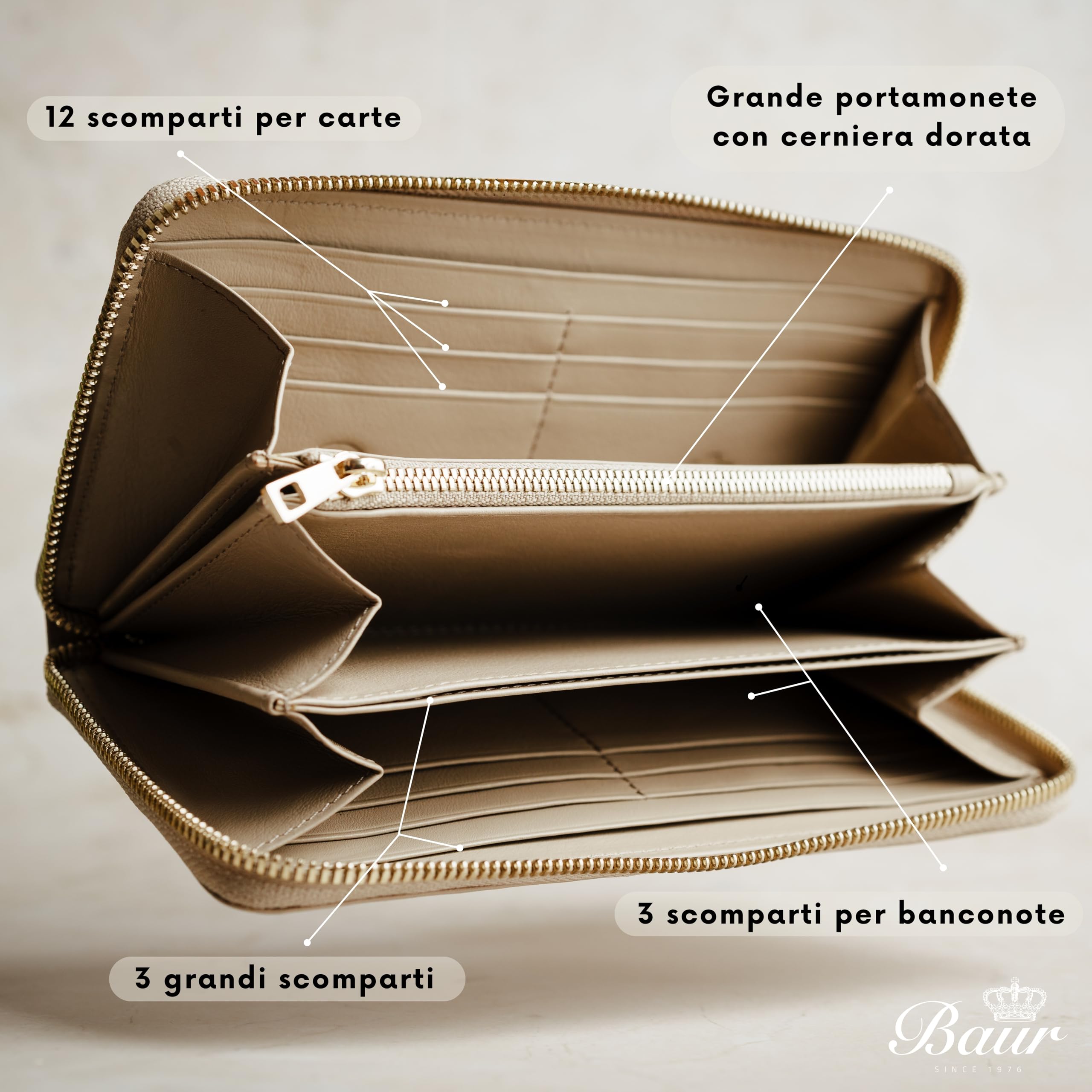 Baur portafoglio da donna – vera pelle nappa con protezione RFID – portafoglio grande con 12 scomparti carte e scomparto monete – cerniera metallica a tutto giro (Cerniera oro, Beige)
