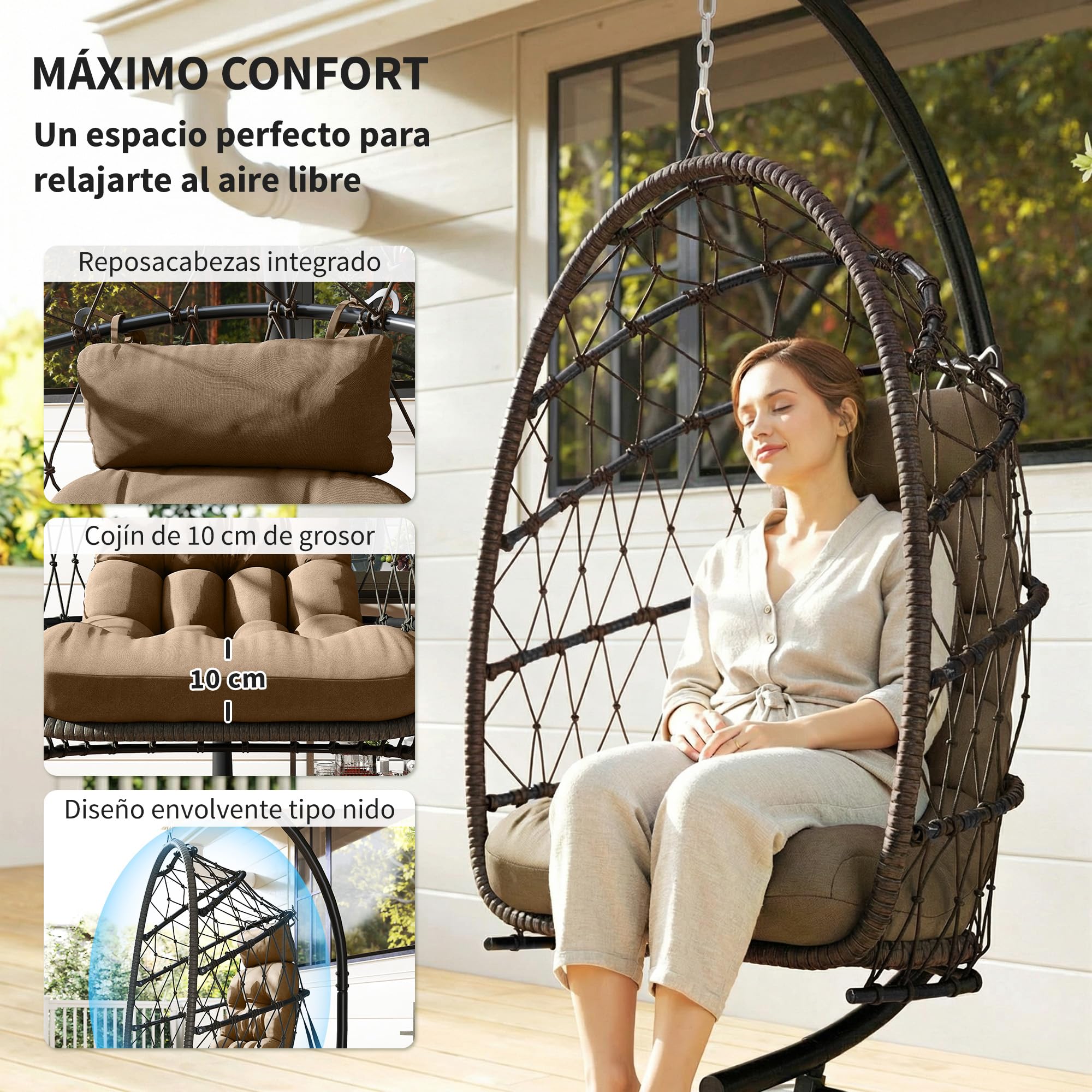 Outsunny Silla Colgante Huevo con Soporte, Columpio Jardín Exterior con Cesta Plegable de Ratán, Cojín Grueso, Reposacabezas, Altura Ajustable, Cuerda para Interior y Exterior, Marrón