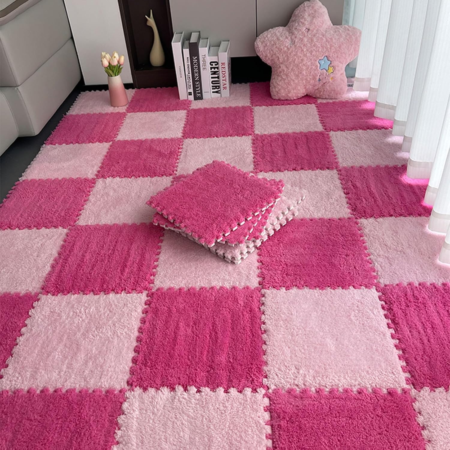 LNNNW Miękka Pluszowe maty puzzle 20-częściowa mata podłogowa z pluszowej pianki, kwadratowy dywanik z pianki, mata z pianki blokującej, małe pluszowe dywaniki(Rose Red+Pink)