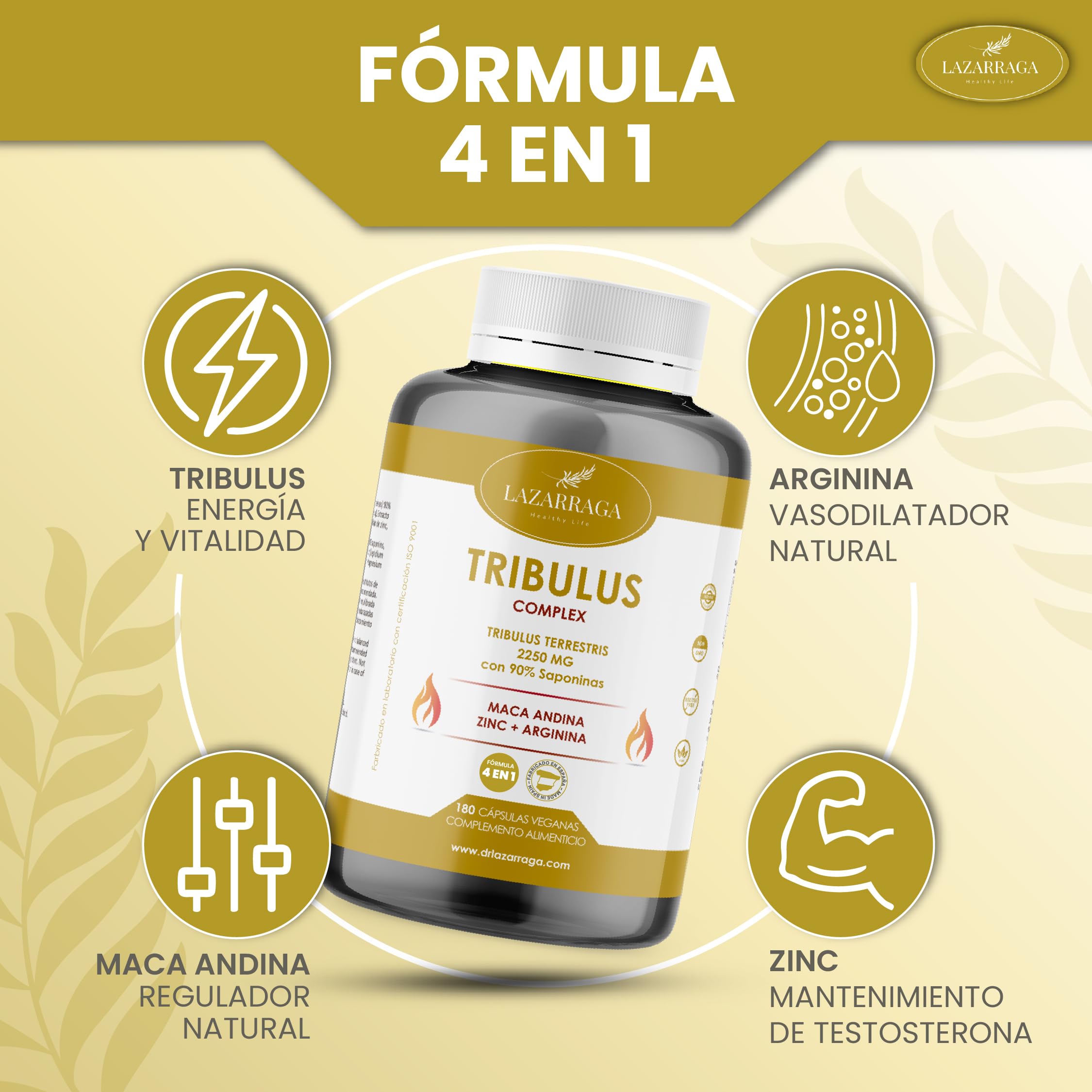 TRIBULUS TERRESTRIS POTENTE 4 EN 1 con Maca Andina + Arginina + Zinc | Vitaminas para el Cansancio para Hombres | Fuerza y Energía | 90% Saponinas | 180 Cápsulas Veganas | 2 Meses | Lazarraga