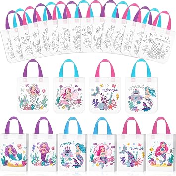 Kajaia 24 Pcs Mermaid Coloring Bags Mermaid Goodie Colorable Tote Bag with Handle Reusable Coloring Gift Favor Ocean Non Woven Colorable Craft for Under The Sea Summer Birthday Party FavorNo Pen