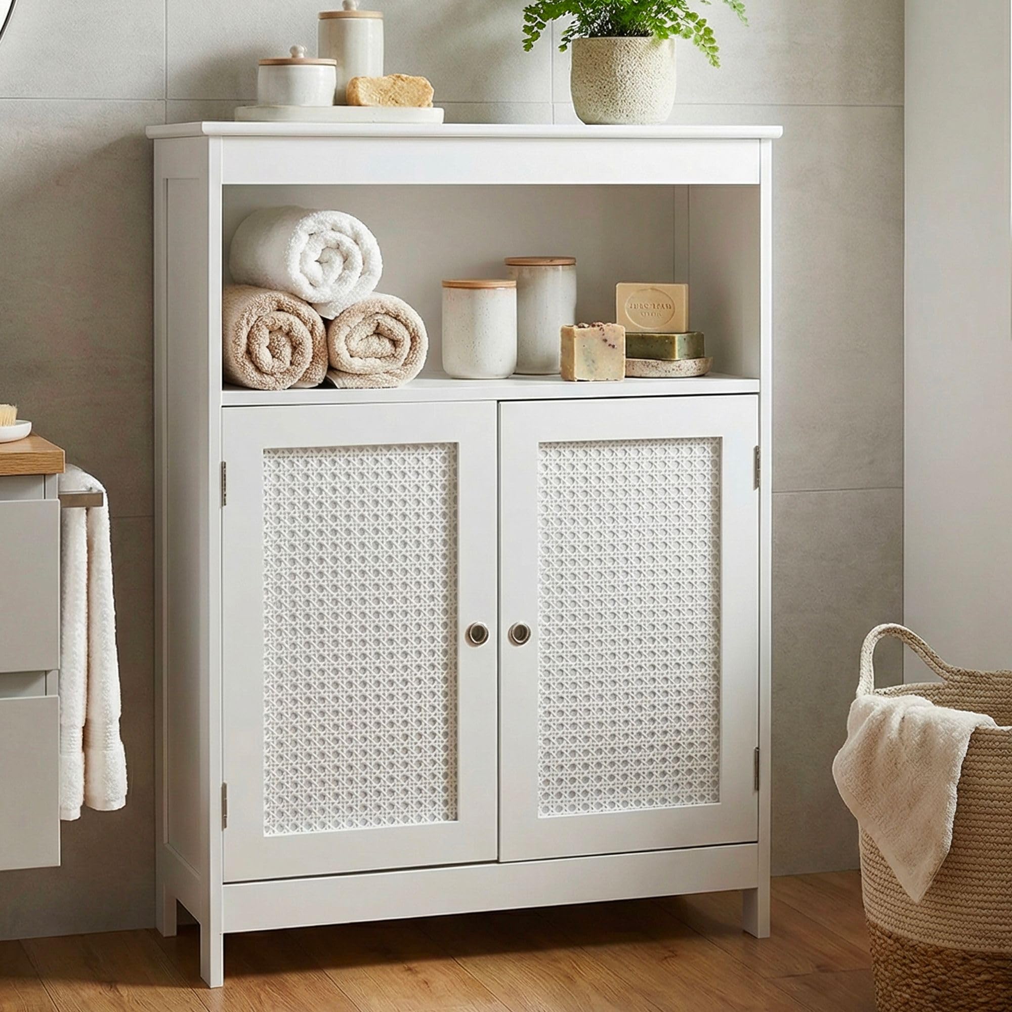 WOHNLING Meuble de Salle de Bain 60x28x80 cm Blanc Cannage, Portes Étagère