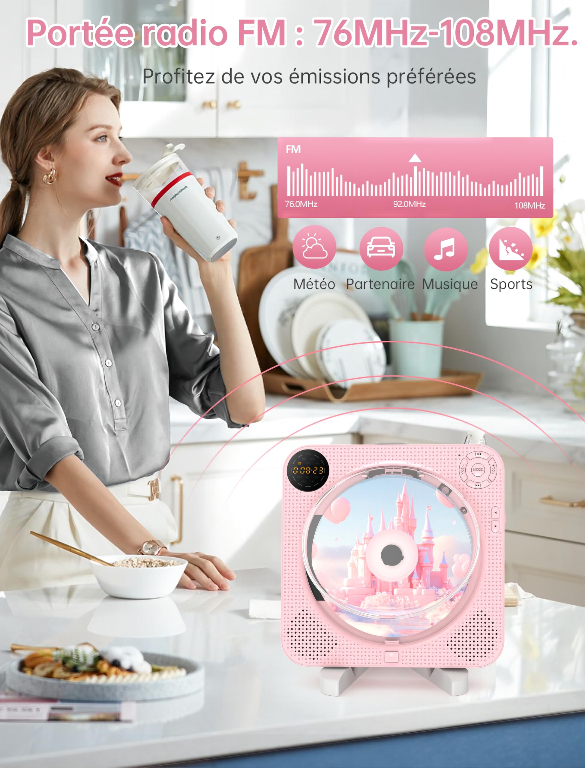 Arafuna Lecteur CD Portable, Bluetooth CD Player pour la Maison avec Haut-parleurs, écran LCD et télécommande, Aupports FM Radio/AUX in/USB/Headphone Jack