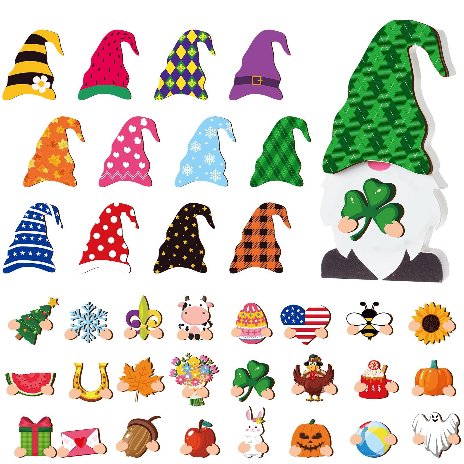 37 Pcs Interchangeable Wooden Gnome Decor DIY St. Patrick's Day Easter Seasonal Tiered Tray Decoration with Magnet Pieces Welcome Sign for Spring Door Decorations