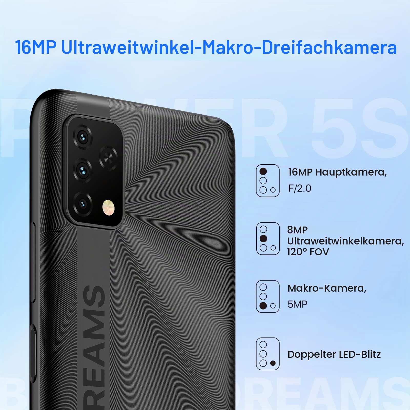 UMIDIGI Power 5S Smartphone Ohne Vertrag Günstig, 6150mAh Akku Handy Günstig, 6.53" HD+ Display, 4GB+32GB, 16MP Kamera, 4G Dual SIM, 3-Kartenfächer, OTG, GPS, Face Unlock, entsperrt (Schwarz)