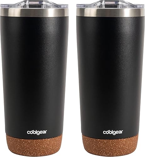 COOL GEAR Vaso con tapa sin BPA y parte inferior de corcho, acero inoxidable, apto para lavavajillas, con forro de cobre, paquete de 2 unidades, 20