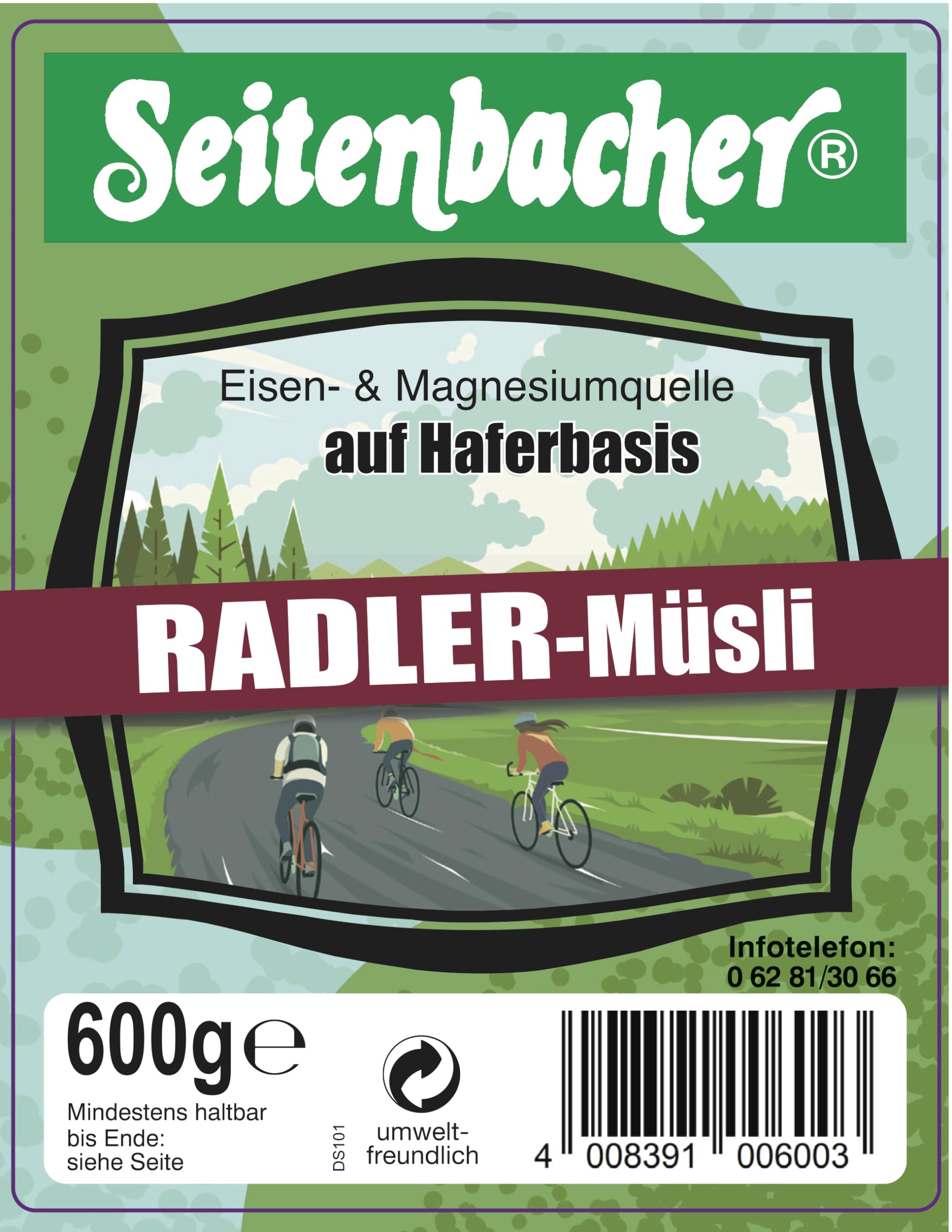 Seitenbacher Radler musli I owies i orkisz, pełnoziarniste zboża I wiśnie I czekolada pełnomleczna I bez pszenicy I (3 x 600 g)