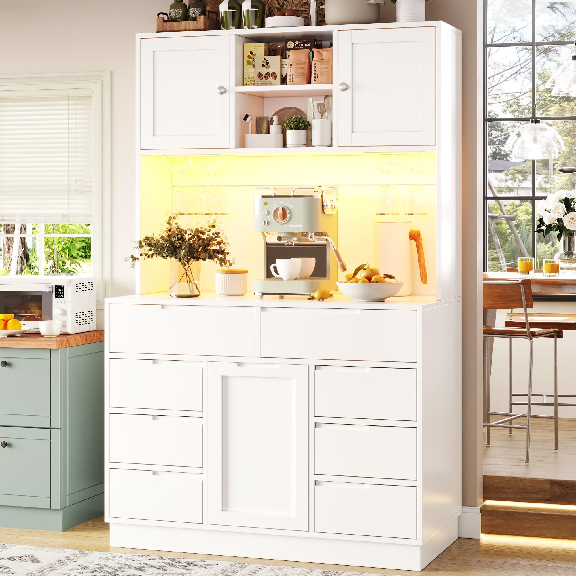 Hochschrank, Küchenschrank mit Smart LED Beleuchtung, Hochschränke fürs Wohnzimmer, 8 Schubladen, Magnetverschluss, Höhenverstellbaren Böden, 120 ×40×183.5cm, Weiß