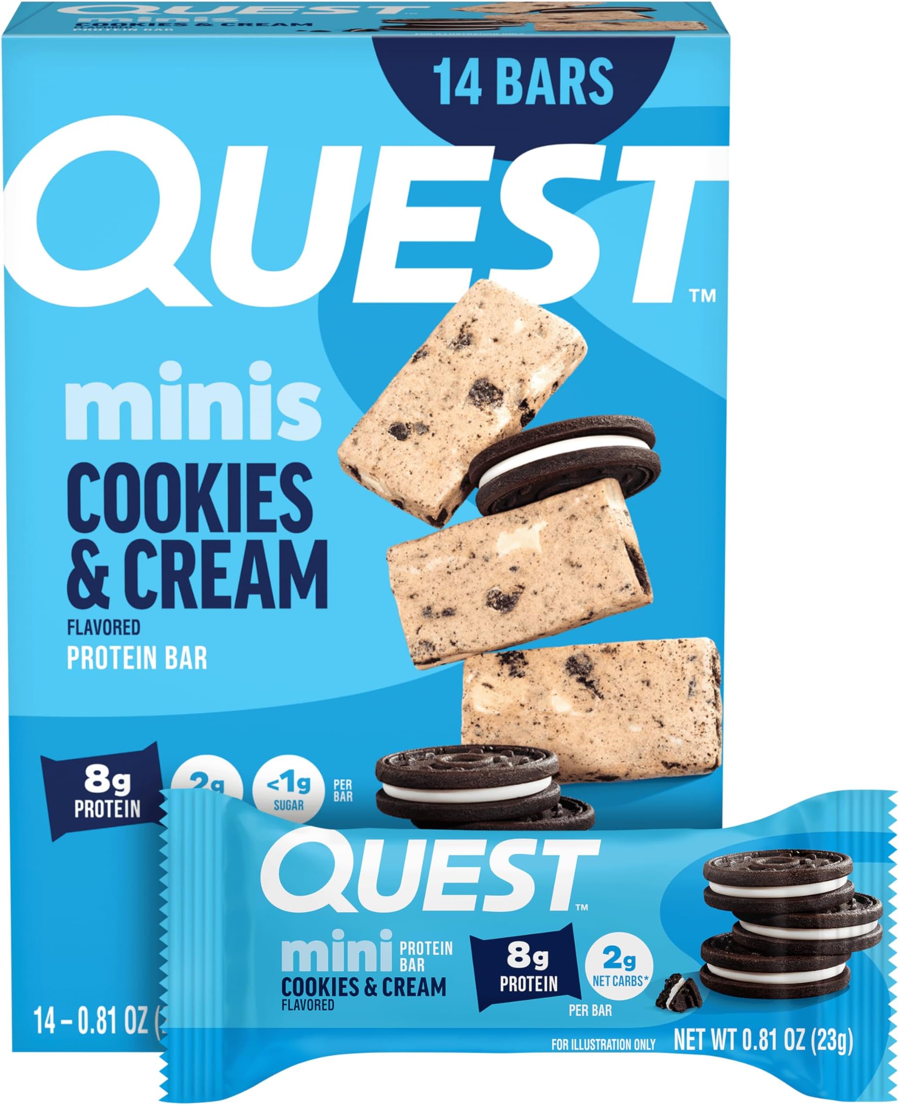 Quest Nutrition Mini Cookies & Cream Protein Bars, 8g Protein, 1g Sugar, 2g Net Carbs, Gluten Free, 14 Count