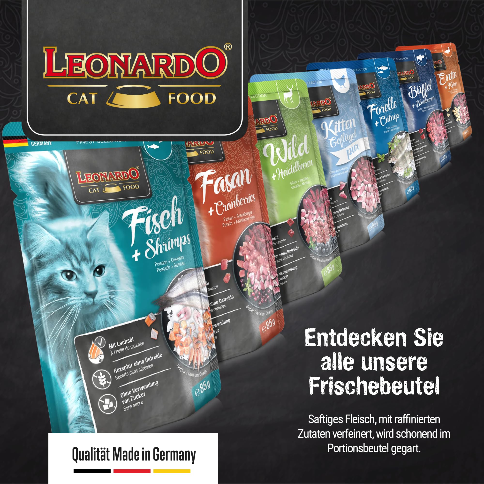 Leonardo Finest Selection Senior Kalb pur | Doppelpack | 2 x 16 x 85 g | Nassfutter für ältere Katzen | Reich an magerem Kalb | Nur eine tierische Proteinquelle | Getreidefrei