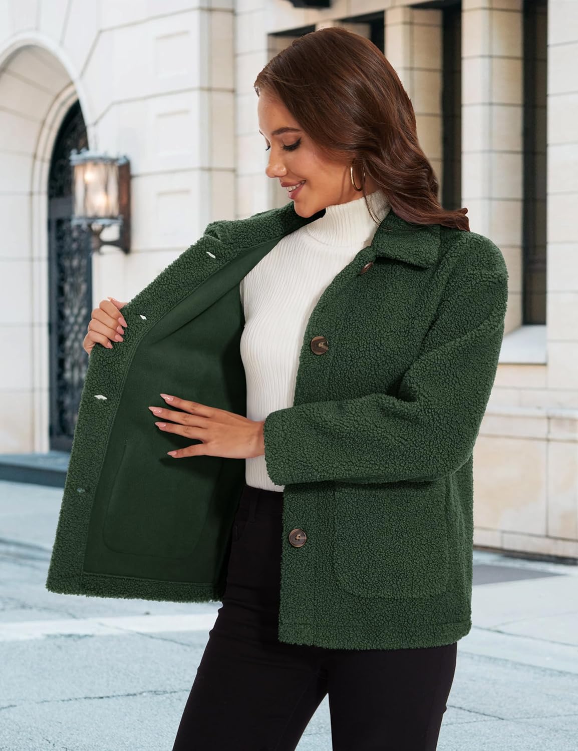 YUCOLEN Womens Fleece Jacket Button Down Sherpa Jacket Long Sleeve Teddy Coat Fuzzy Winter Warm Outerwear with Pockets - Image 4