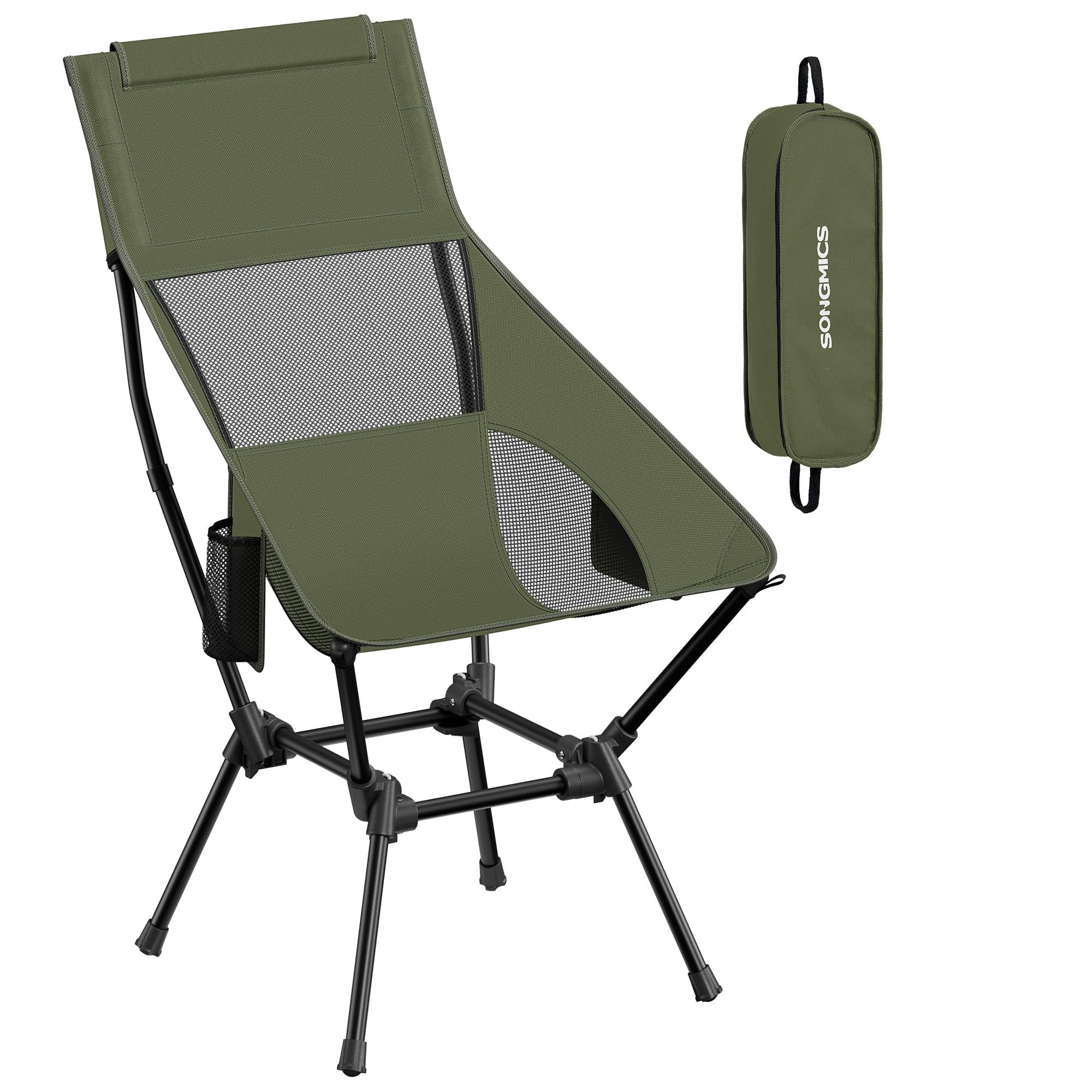 SONGMICS Sedia da campeggio, sedia da spiaggia, schienale alto, sedia da giardino, pieghevole, regolabile in altezza, telaio in acciaio, portata fino a 150 kg, 2 tasche laterali, poggiatesta da