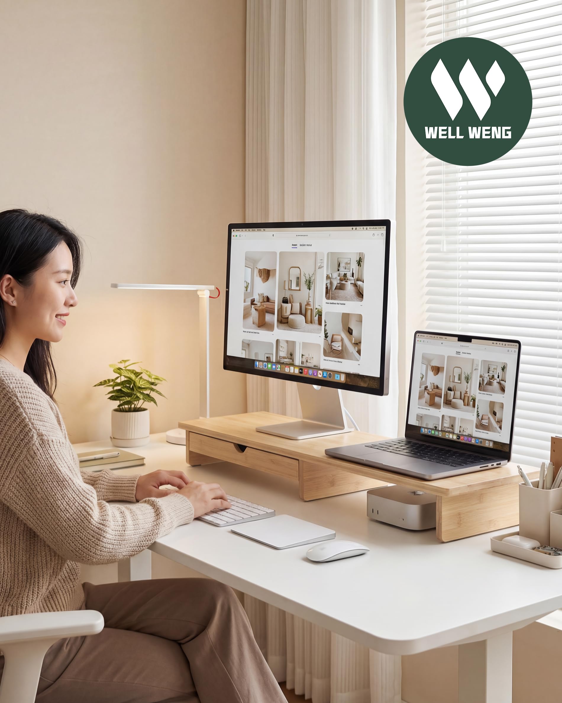 WELL WENG Support pour écran en bambou avec grand tiroir de rangement, rehausseur d'ordinateur de 107 cm pour bureau, tablette d'écran à 7 compartiments pour ranger le clavier, Bambou | 107 x 23,5 x 11 cm avec espace de rangement pour le clavier, support