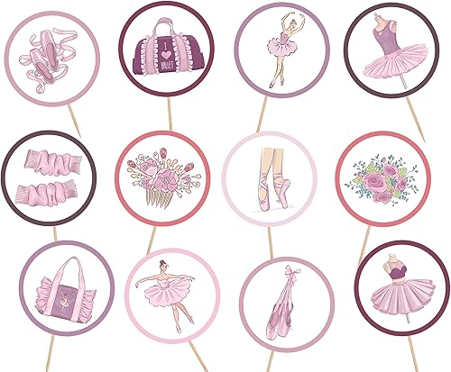Paquete de 24 adornos para cupcakes con temática de bailarina, decoración de pasteles, centro de mesa, 2.5 x 2.5 pulgadas y 5 pulgadas de alto para