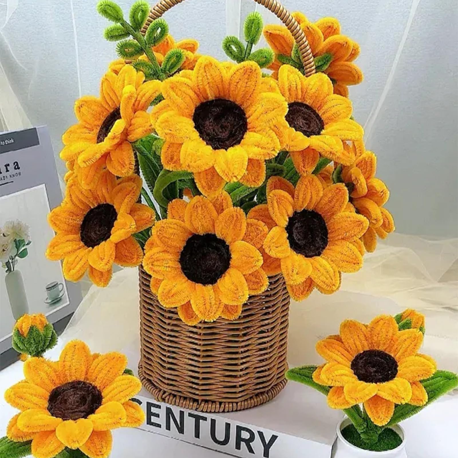 Kit Créatif 400 Pièces Pour Fleurs En Nettoyeurs De Pipe | Tiges, étamines, Ruban Floral Inclus | DIY Tulipes, Tournesols – Orange