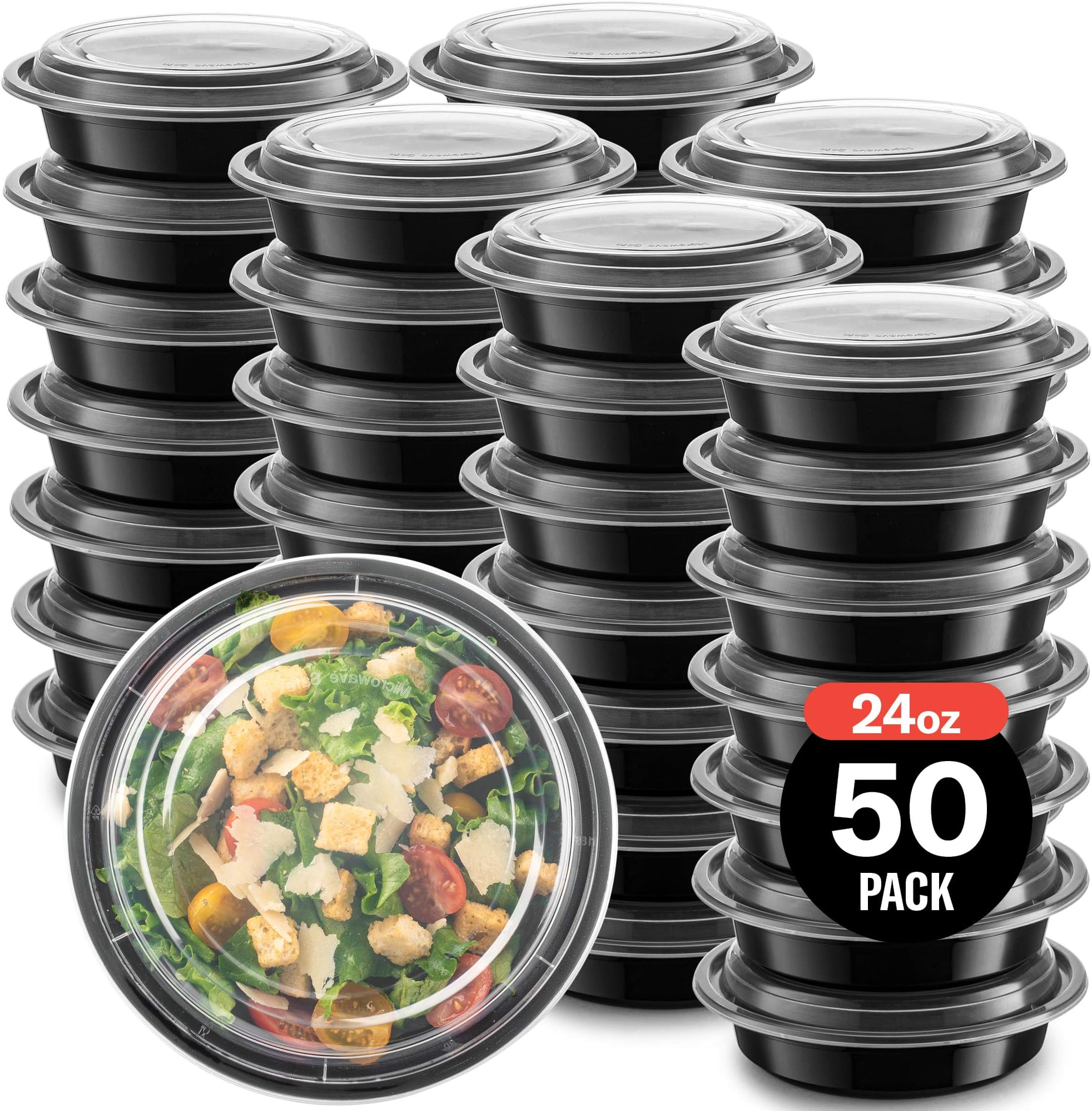 50-Pack Reusable Meal Prep Containers Microwave Safe Food Storage Containers with Lids, 24 oz Round Take Out Disposable Plastic Bento Lunch Box To Go Meal Prep Bowls, BPA-Free, Freezer Dishwasher Safe