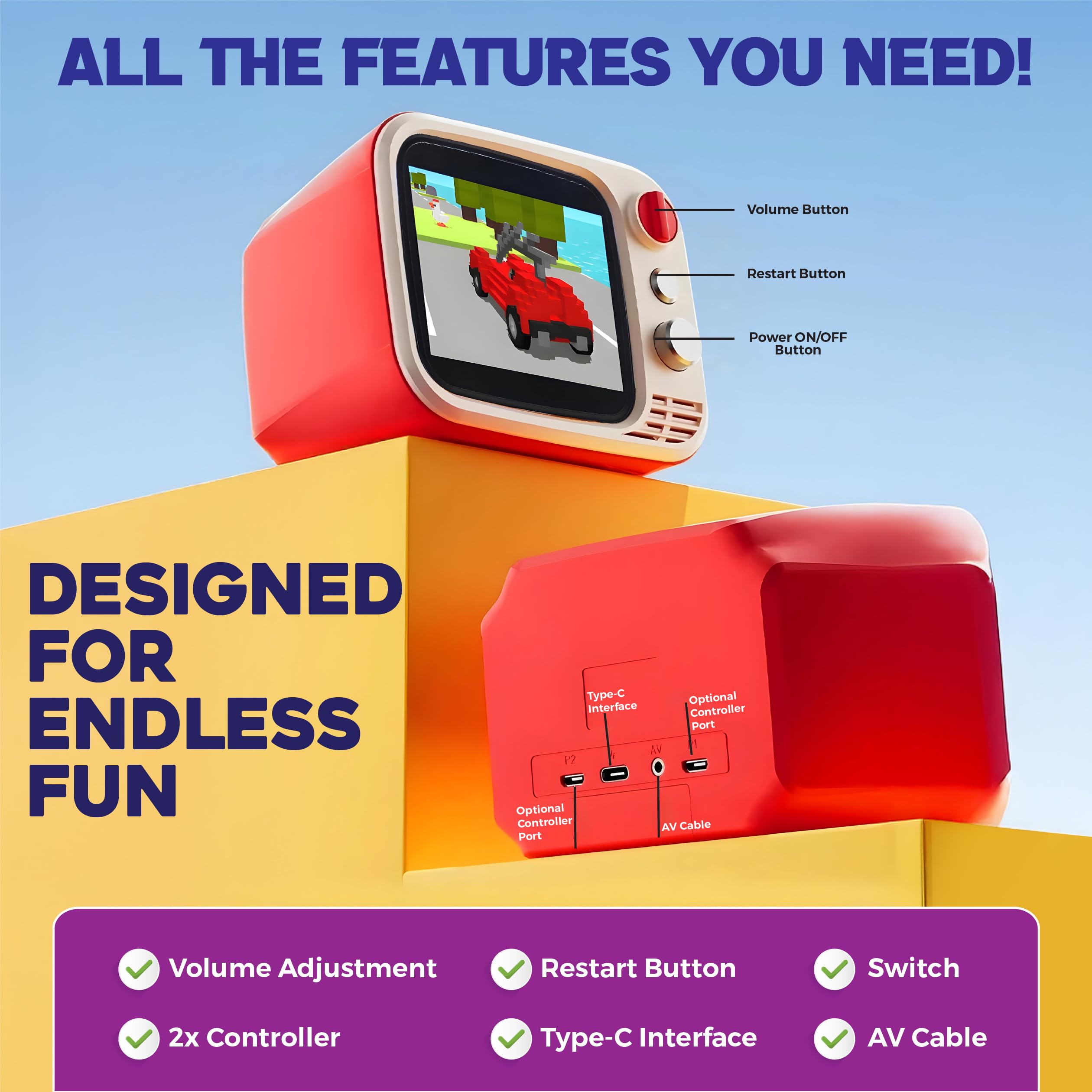 Tiny Arcade TV 3,5" Mini Retro Game - Console TV giocabile a due giocatori e con gameplay e suono reali, oltre 700 videogiochi classici, H7 (rosso)
