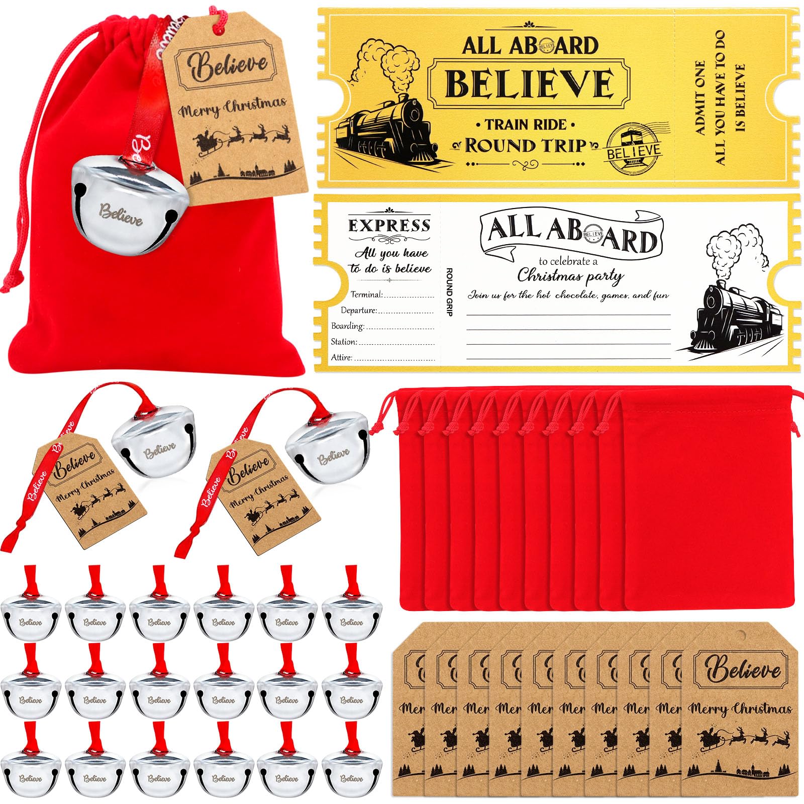 YSURE 20 Sets Christmas Bells for Decoration Polar Santa Believe Sleigh Bells Velvet Polar Express Decorations Set with Polar Express Ticket Gift Tags Silver for Christmas Party Favors Tree Hanging
