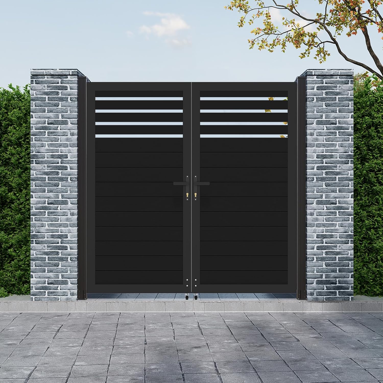 Mondaria Aluminum Double Fence Gate, 5ft(H) x 6ft(W) – Outdoor Semi-Closed Fence Gate with Metal Frame and Knob Kits, Black (Without Post)